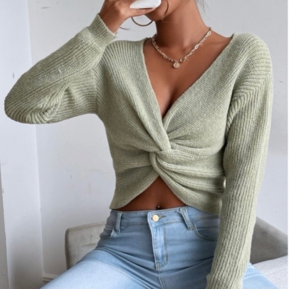 NWT ASTR The Label Sage Green Twist Back Reversible Sweater